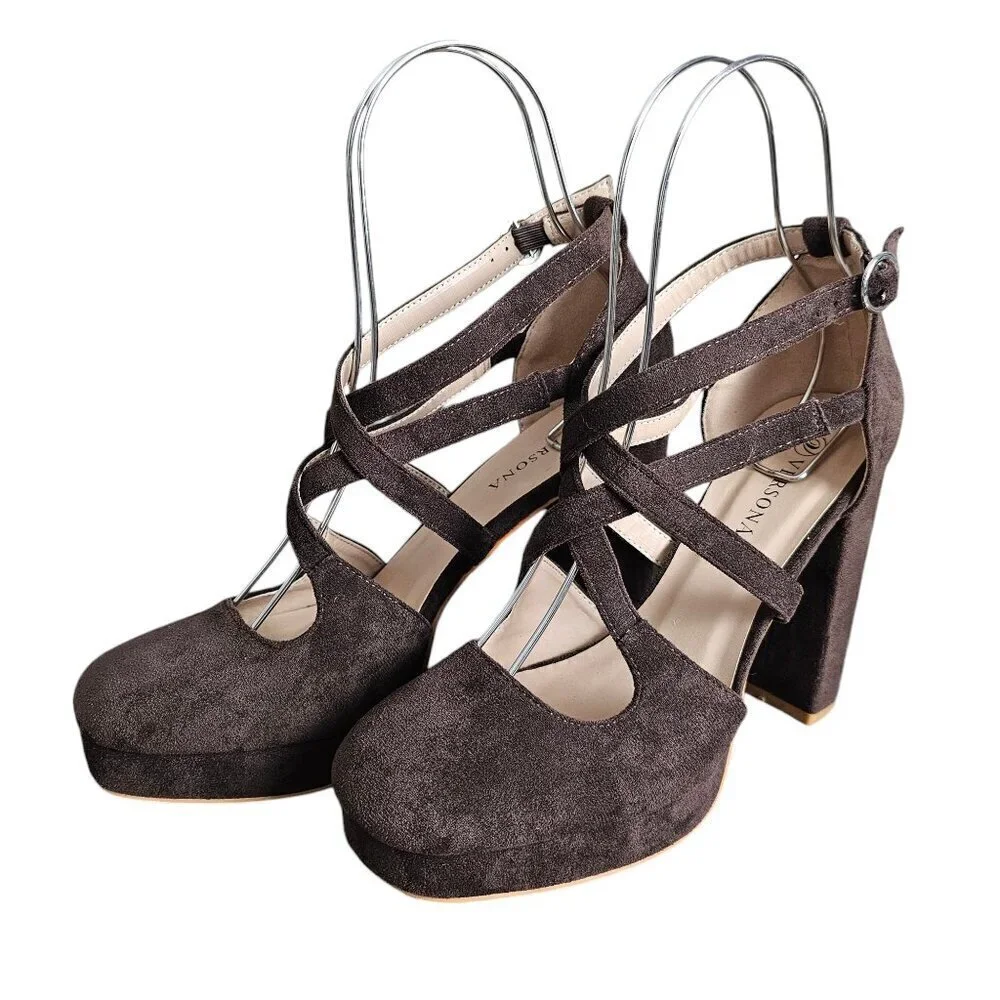 Versona Madison Platform Brown Suede Mary Jane Heel Pump NEW